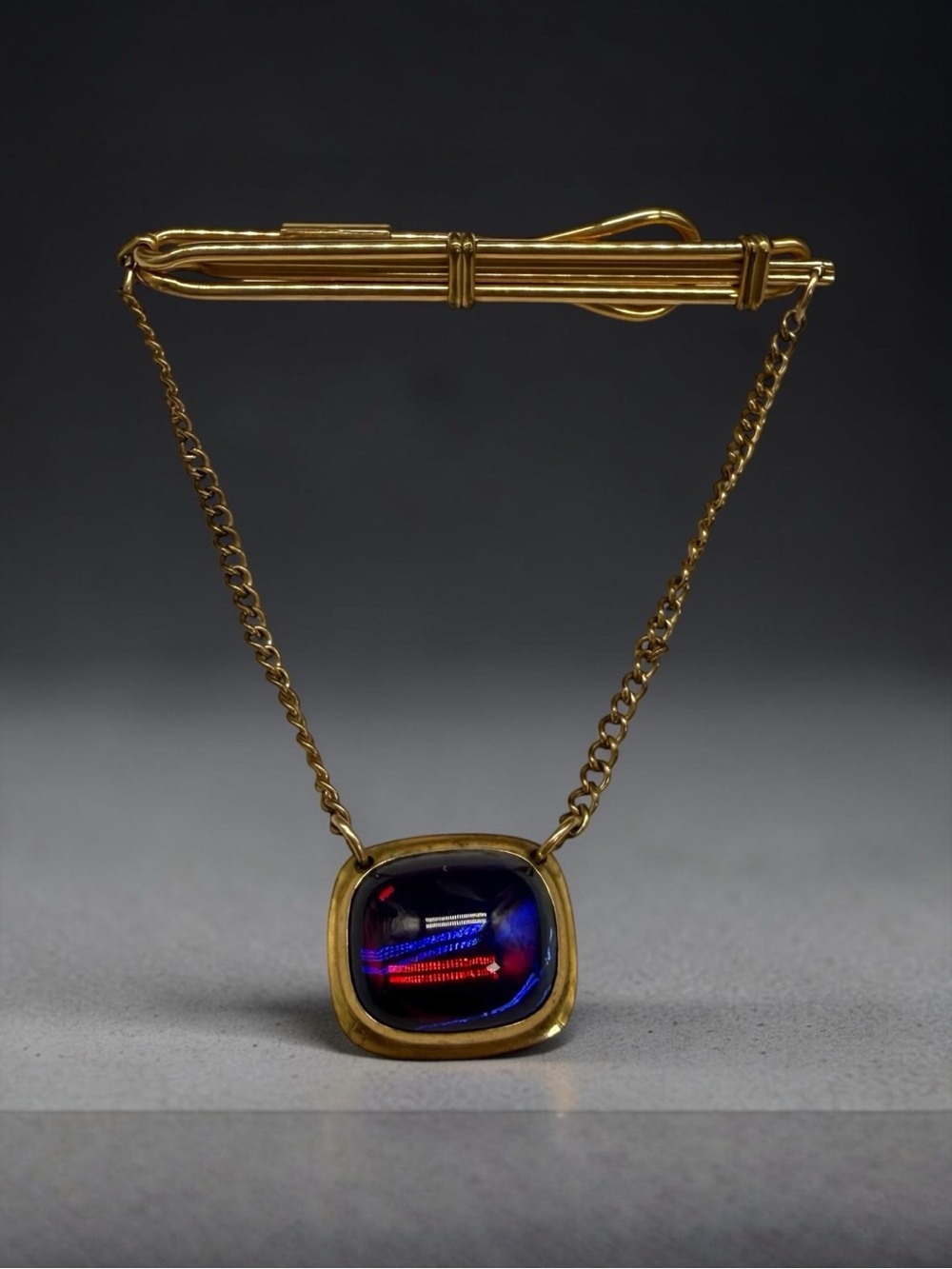 Mid Century Modern Blue Red Cabochon Pendant Chain Slide Tie Bar Clip Gold Tone